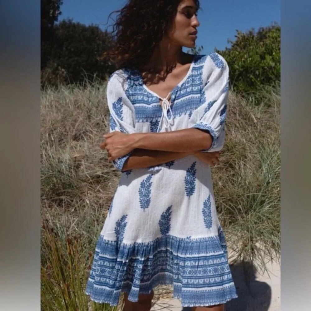 Daughters of India Mishka Dress Boho Feminine Romantic‎ Ethical Blue White S B41